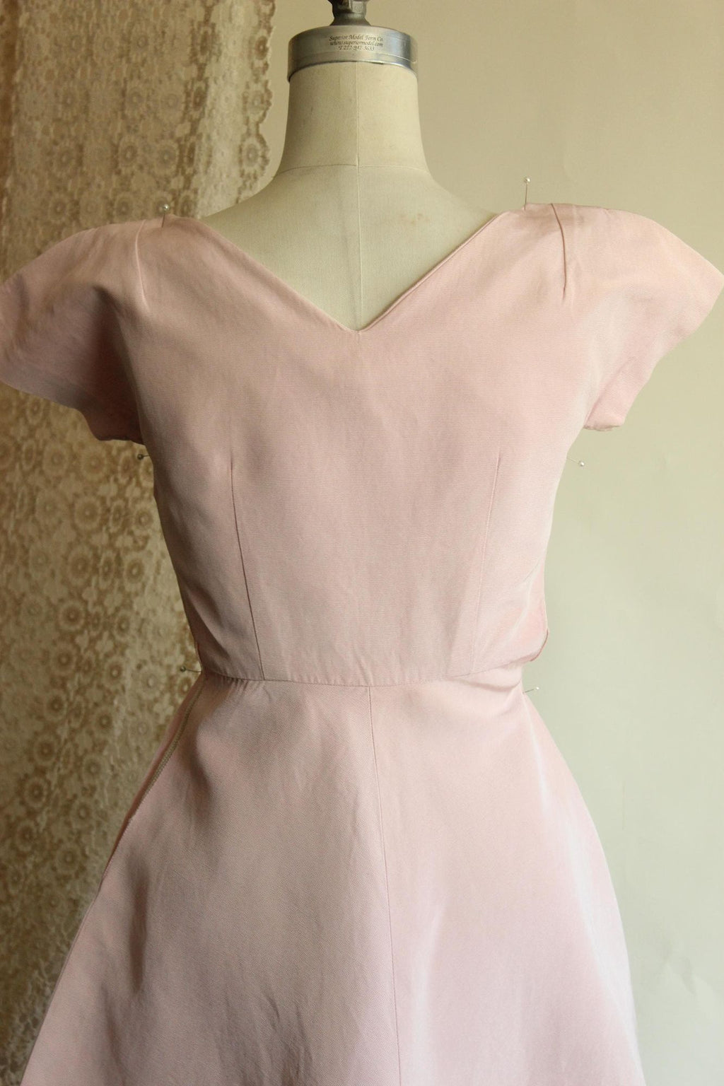Vintage 1950s Pink Faille Dress with Sweetheart Neckline