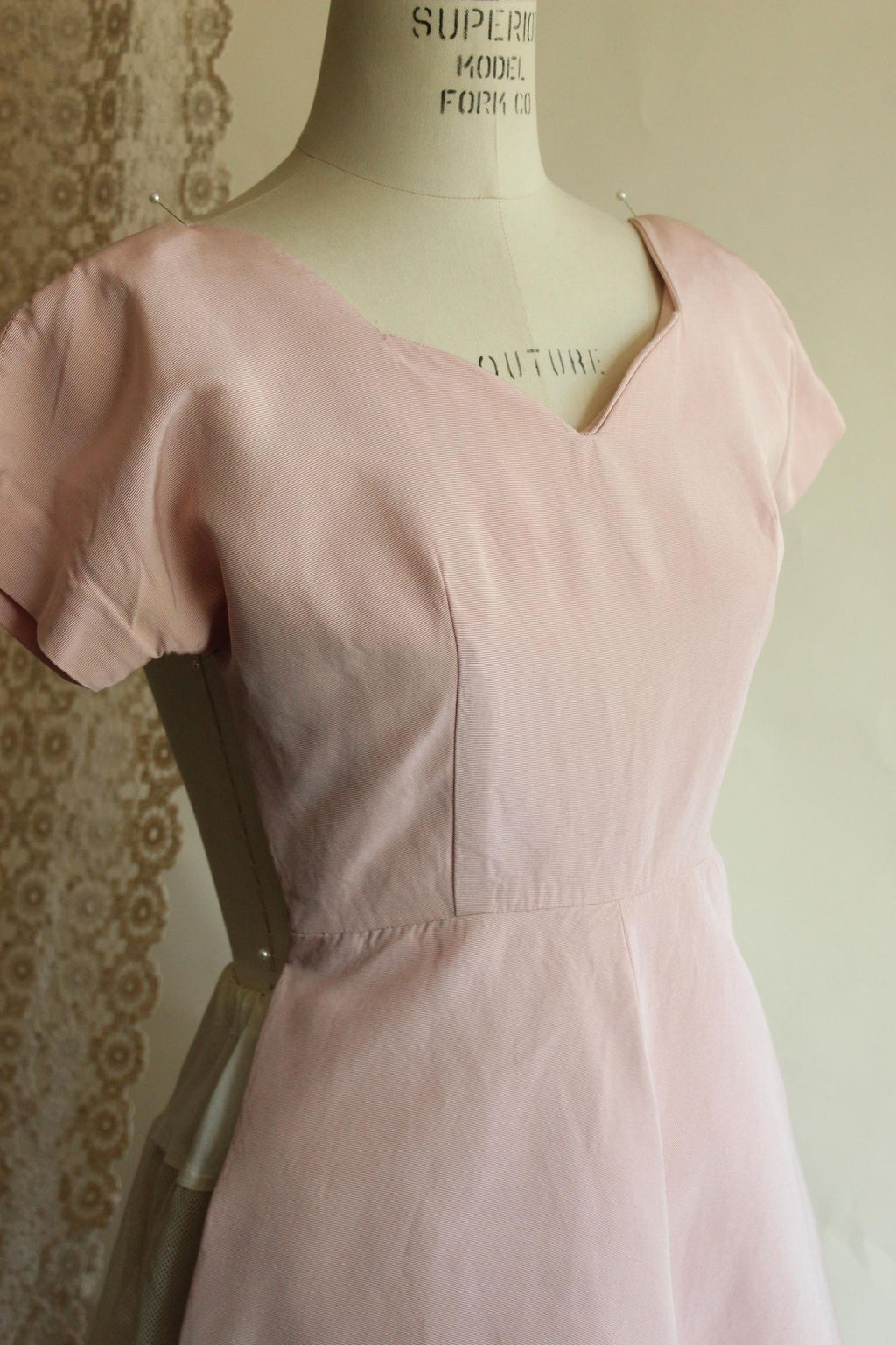 Vintage 1950s Pink Faille Dress with Sweetheart Neckline