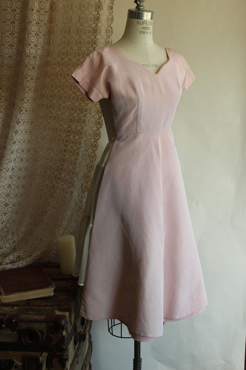 Vintage 1950s Pink Faille Dress with Sweetheart Neckline
