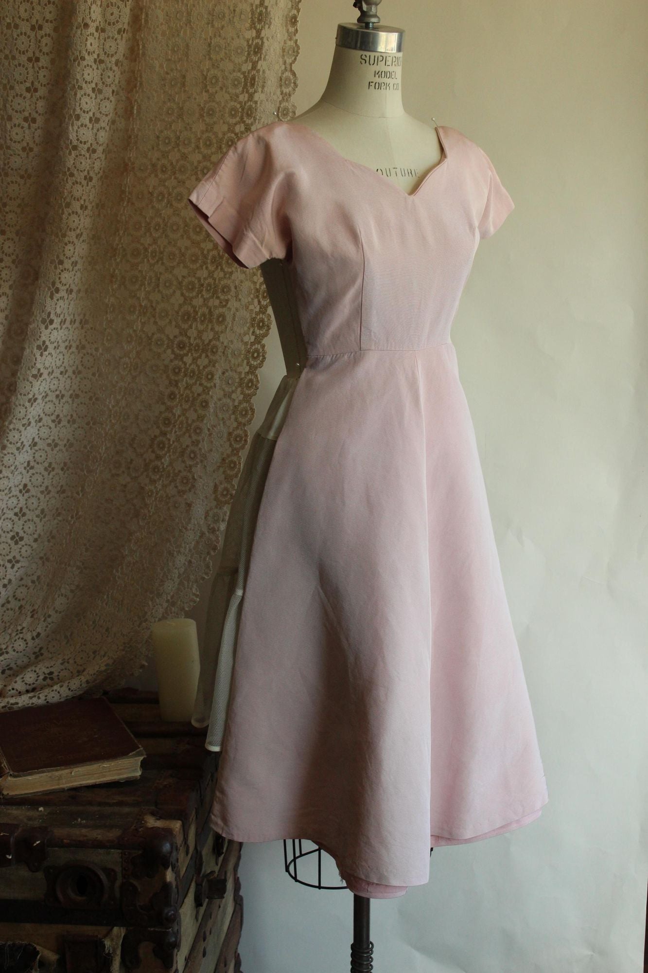 Vintage 1950s Pink Faille Dress with Sweetheart Neckline
