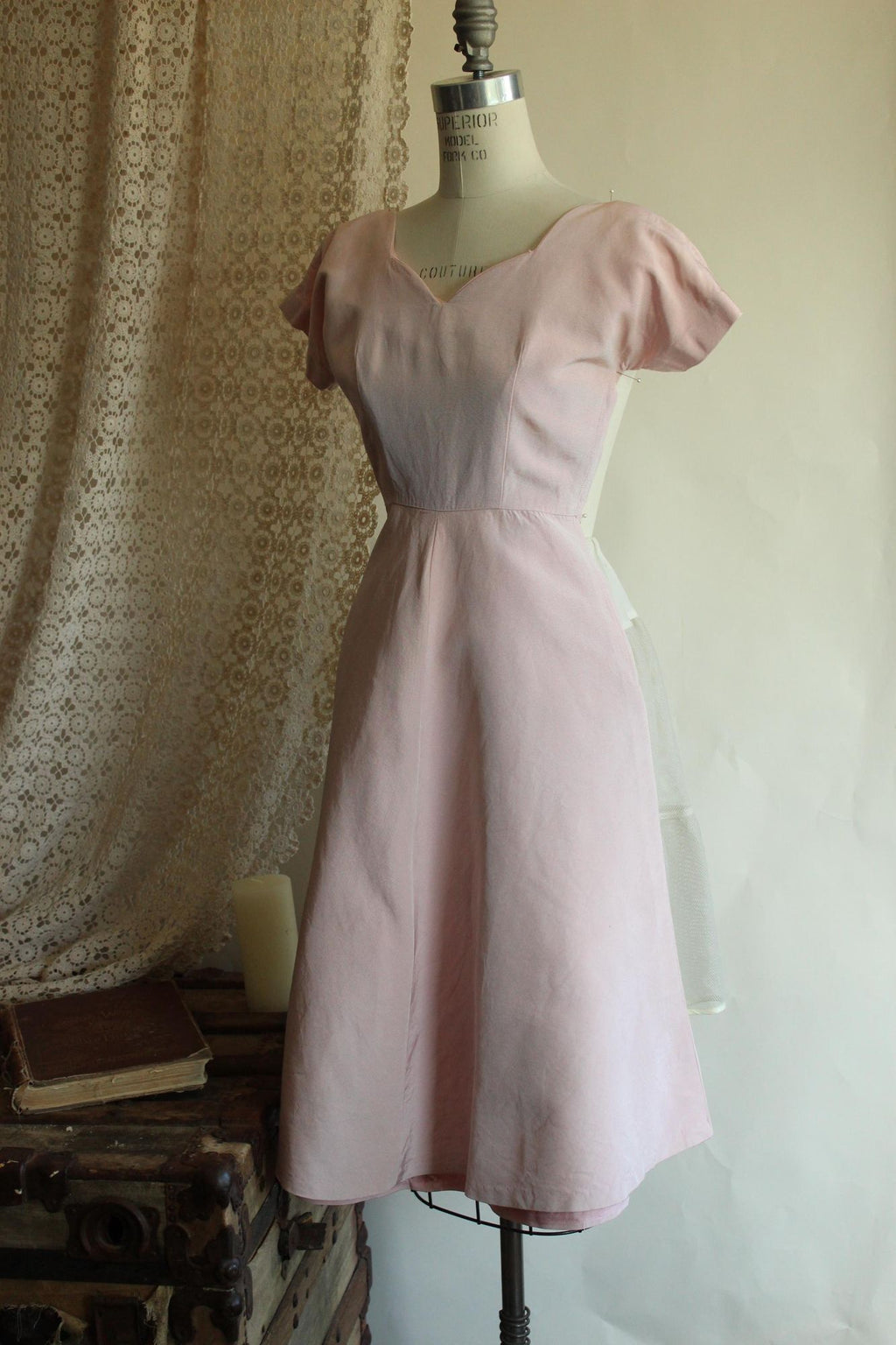 Vintage 1950s Pink Faille Dress with Sweetheart Neckline