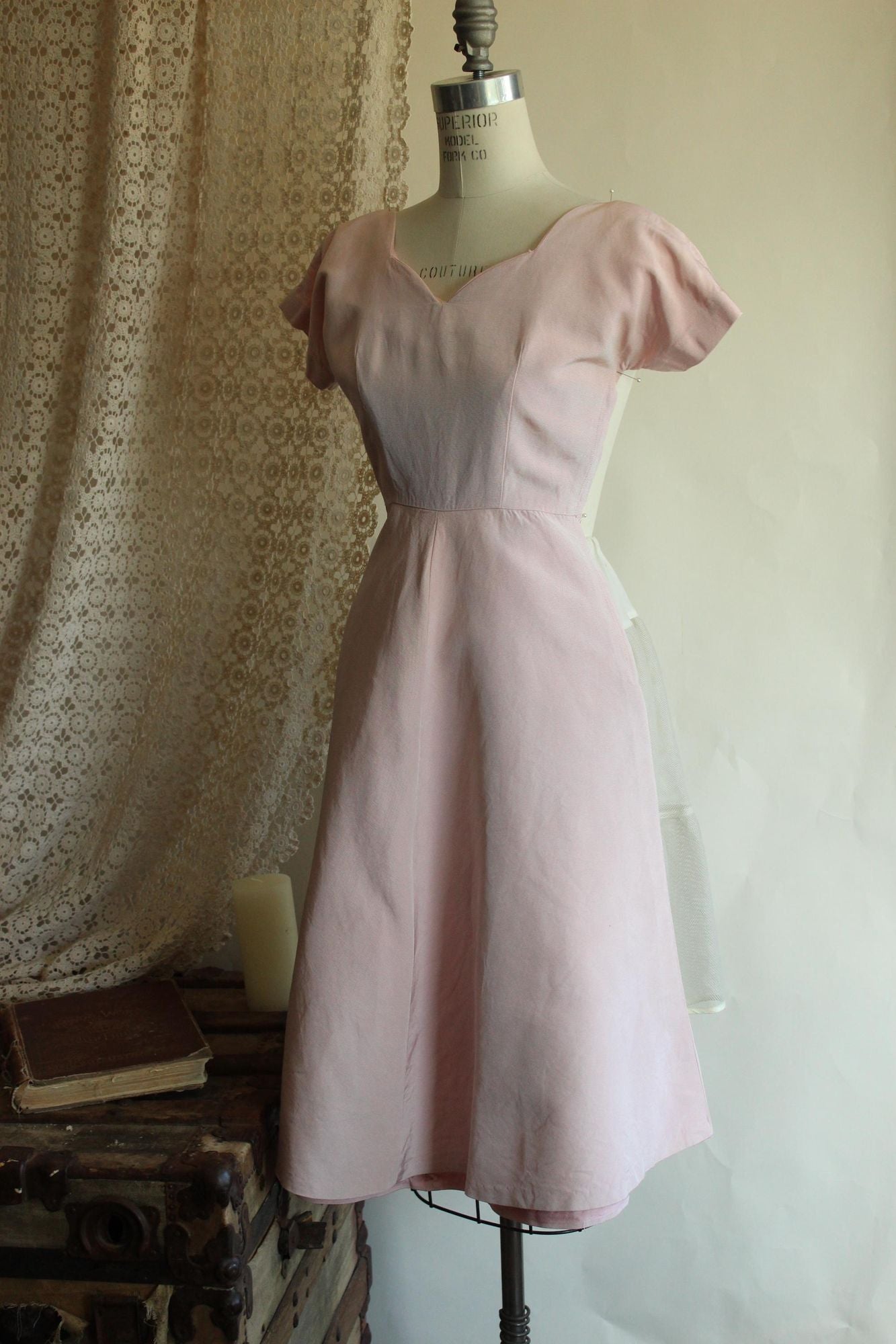 Vintage 1950s Pink Faille Dress with Sweetheart Neckline
