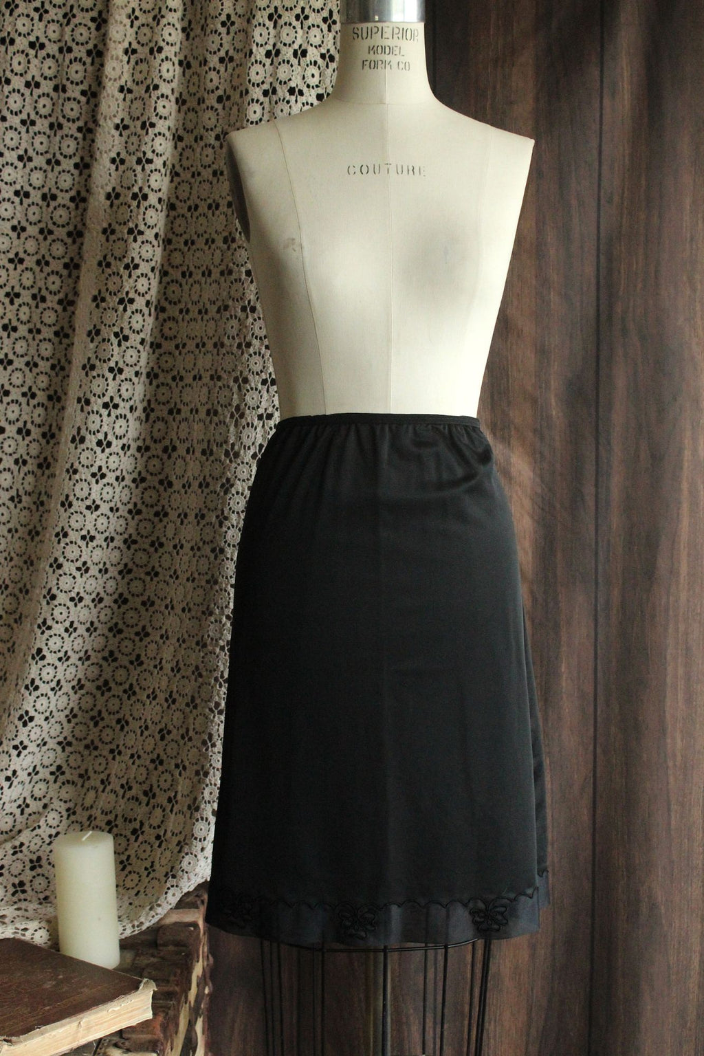 Vintage 1960s 1970s Carol Brent Black Nylon Half Slip with Shamrock