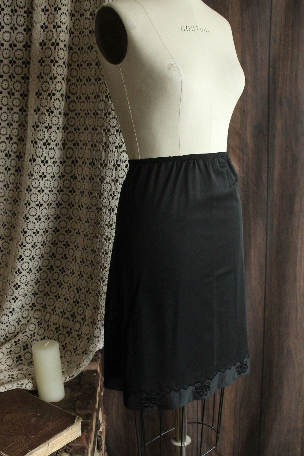 Vintage 1960s 1970s Carol Brent Black Nylon Half Slip with Shamrock