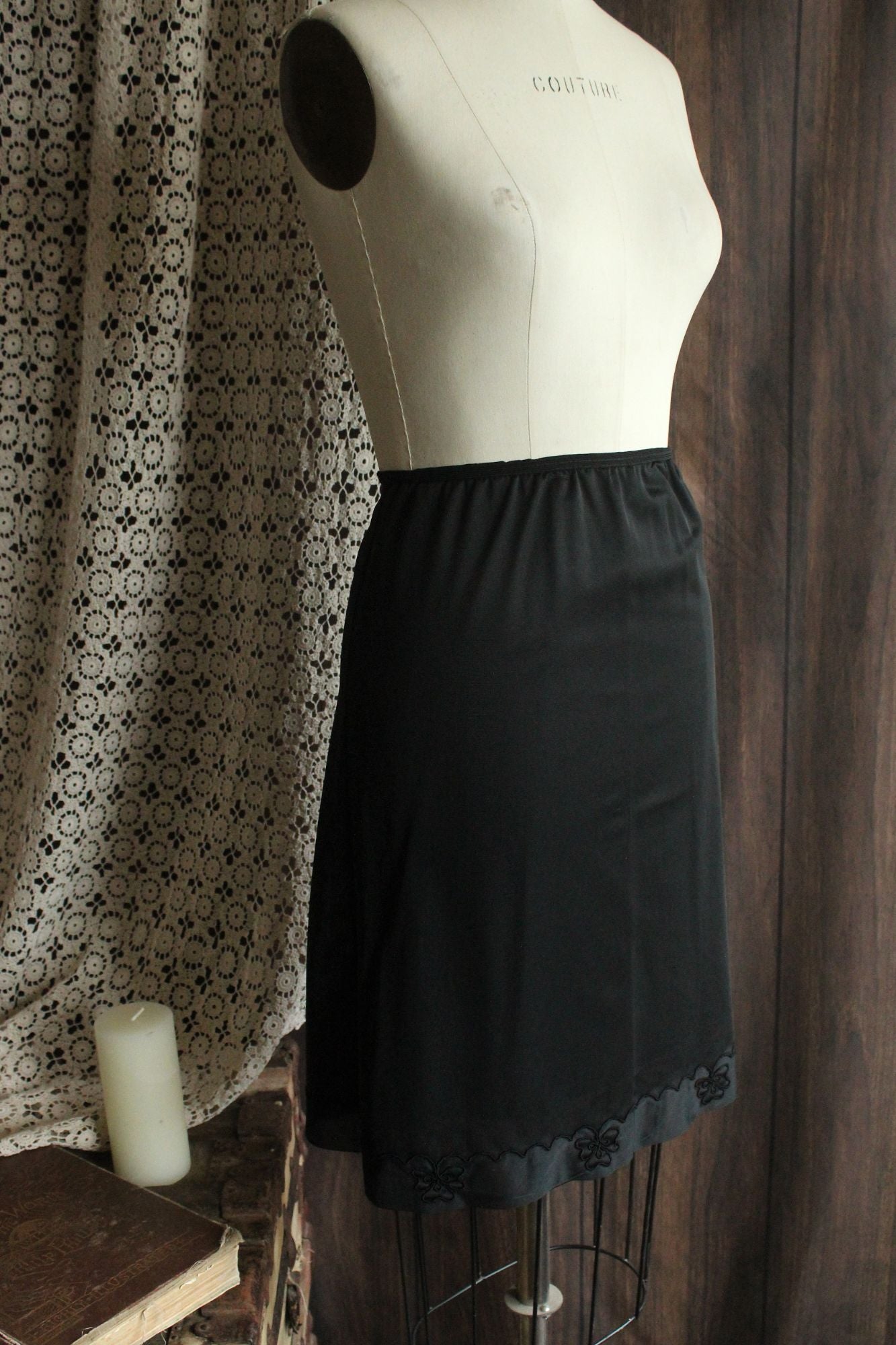 Vintage 1960s 1970s Carol Brent Black Nylon Half Slip with Shamrock