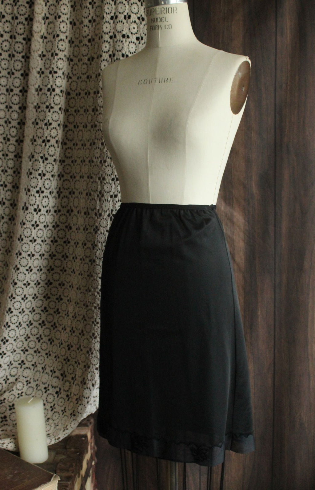 Vintage 1960s 1970s Carol Brent Black Nylon Half Slip with Shamrock