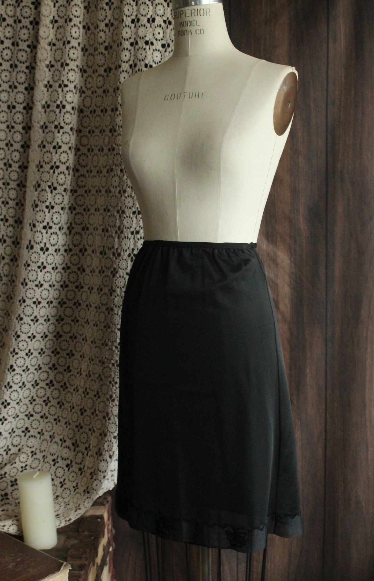 Vintage 1960s 1970s Carol Brent Black Nylon Half Slip with Shamrock