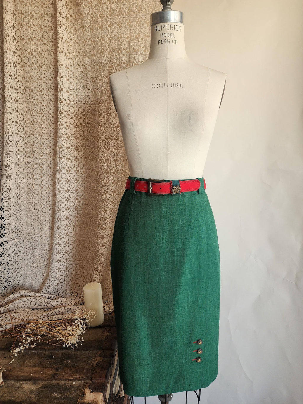 Vintage 1980s Trachten Style Green Linen Pencil Skirt with Red Belt
