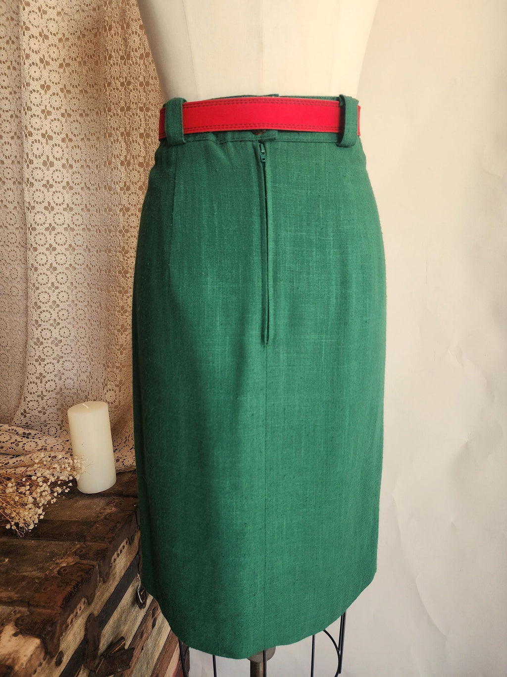 Vintage 1980s Trachten Style Green Linen Pencil Skirt with Red Belt