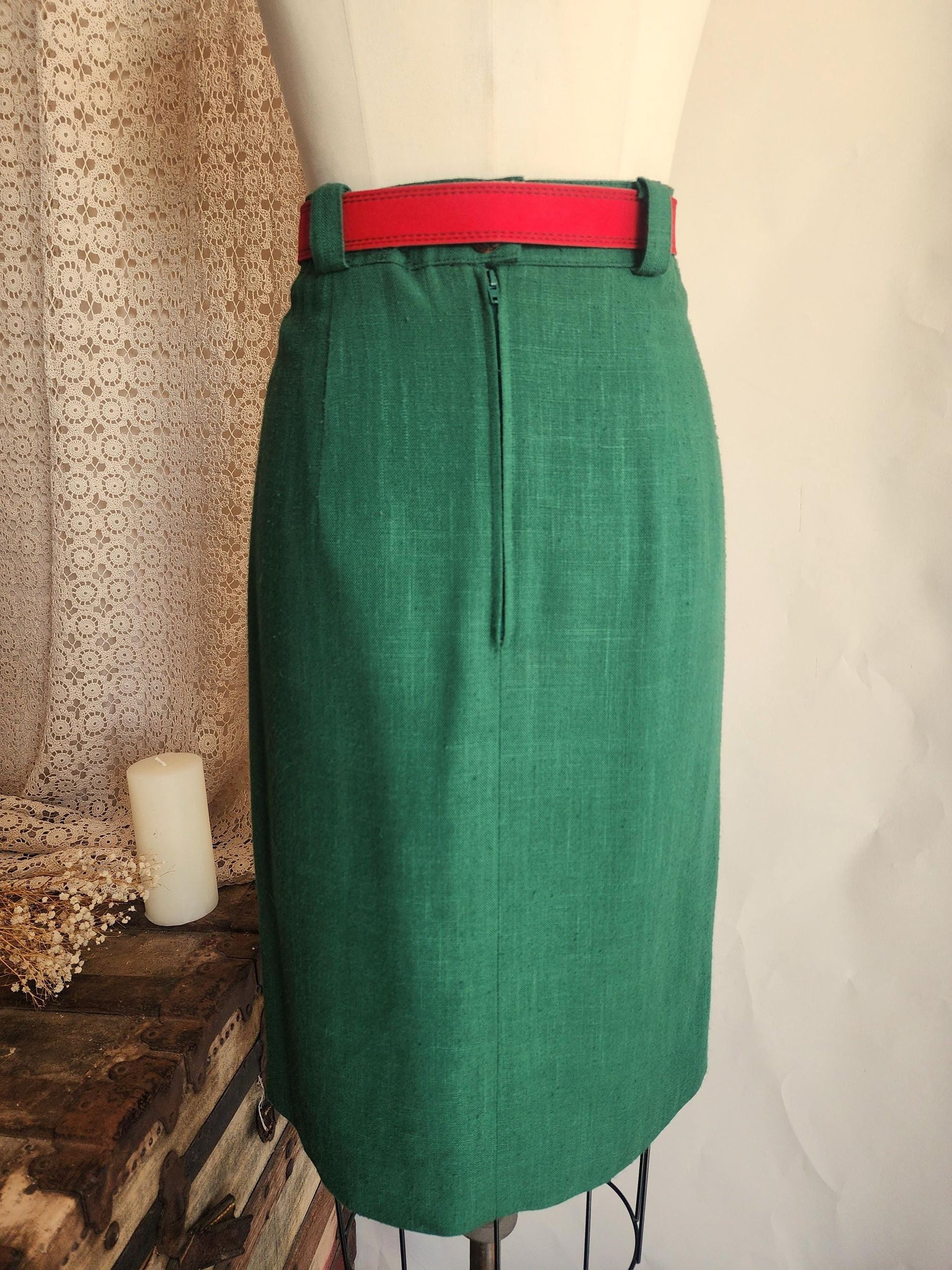 Vintage 1980s Trachten Style Green Linen Pencil Skirt with Red Belt