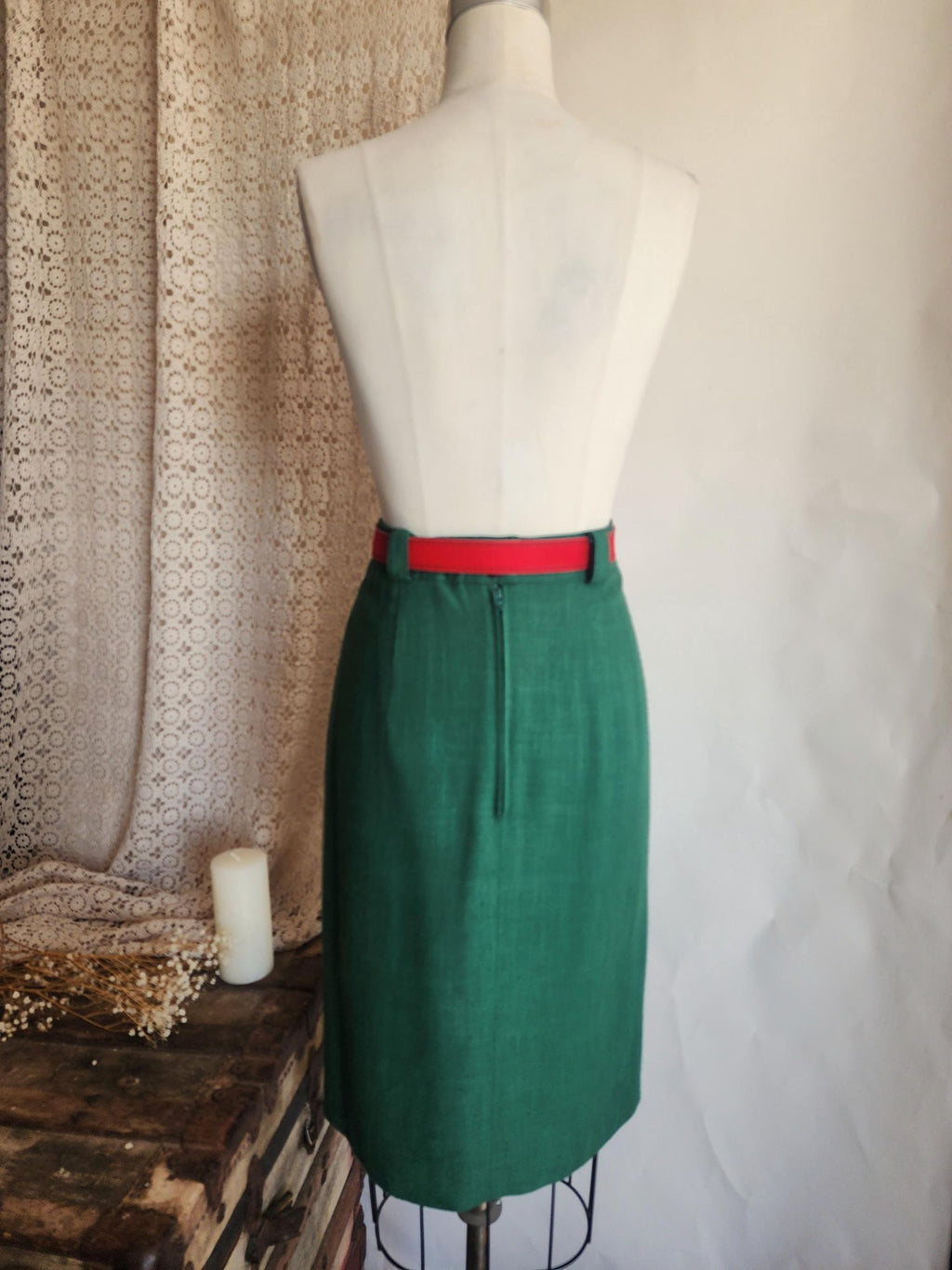 Vintage 1980s Trachten Style Green Linen Pencil Skirt with Red Belt