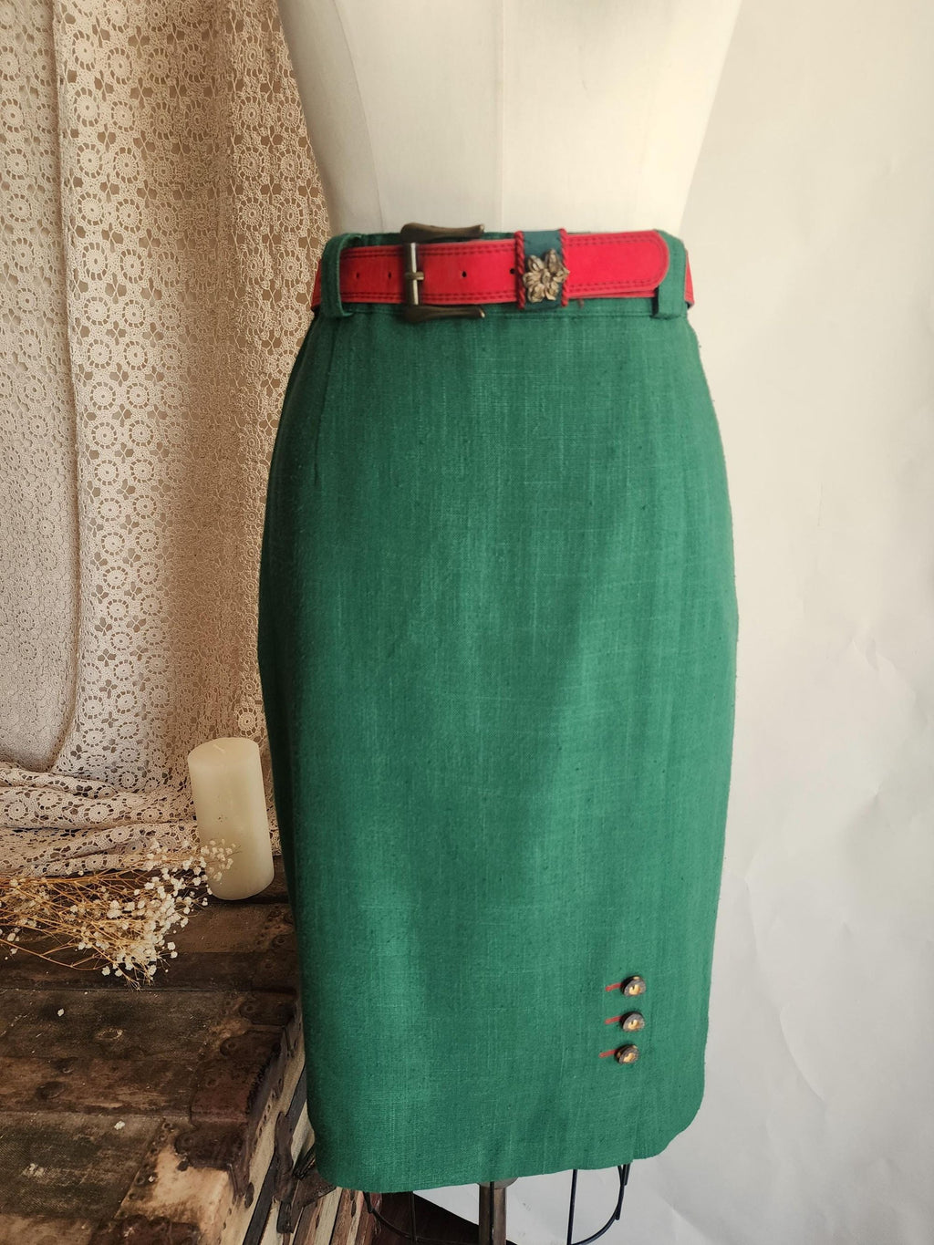 Vintage 1980s Trachten Style Green Linen Pencil Skirt with Red Belt