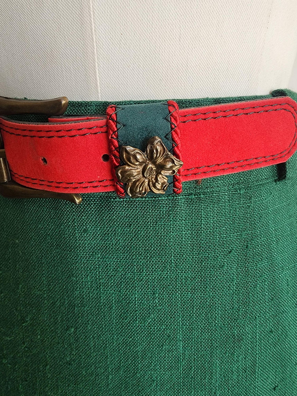 Vintage 1980s Trachten Style Green Linen Pencil Skirt with Red Belt
