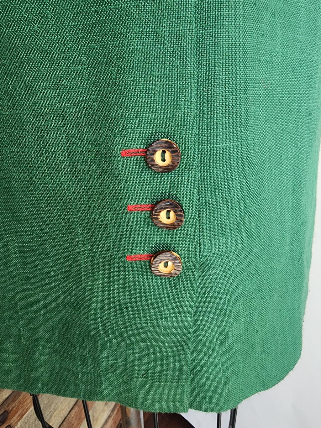 Vintage 1980s Trachten Style Green Linen Pencil Skirt with Red Belt