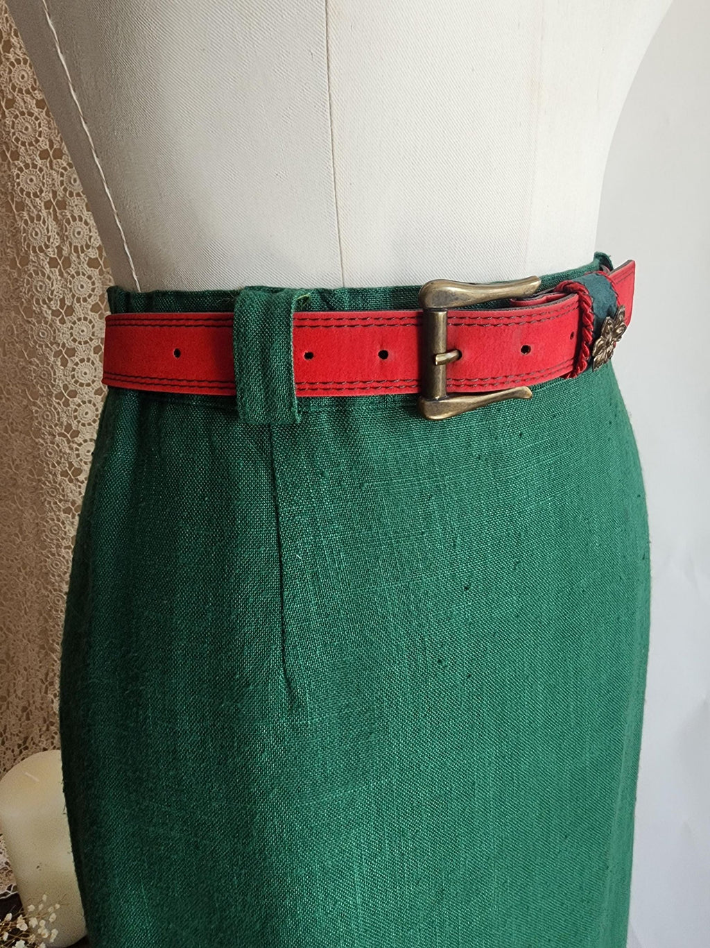 Vintage 1980s Trachten Style Green Linen Pencil Skirt with Red Belt