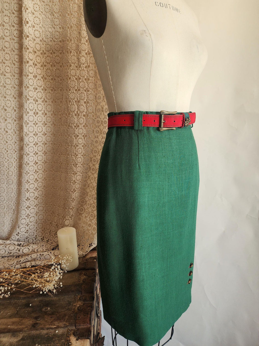 Vintage 1980s Trachten Style Green Linen Pencil Skirt with Red Belt