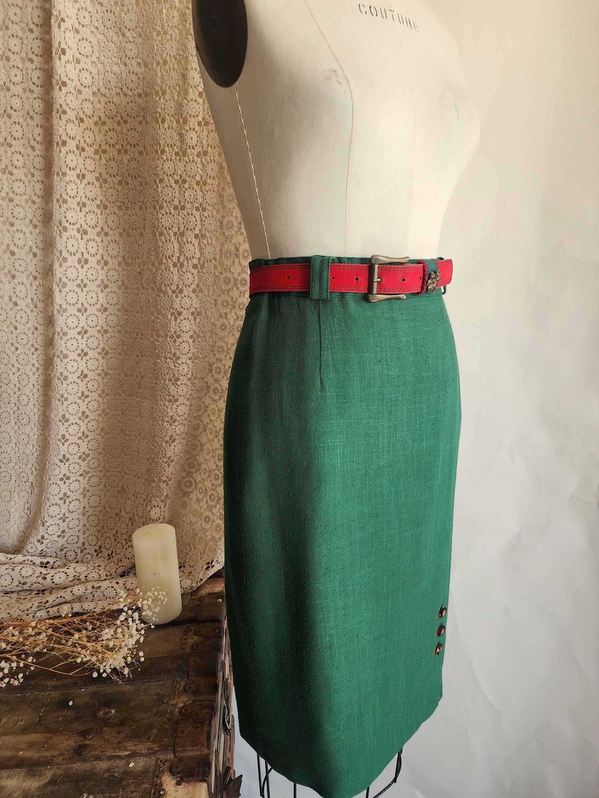 Vintage 1980s Trachten Style Green Linen Pencil Skirt with Red Belt