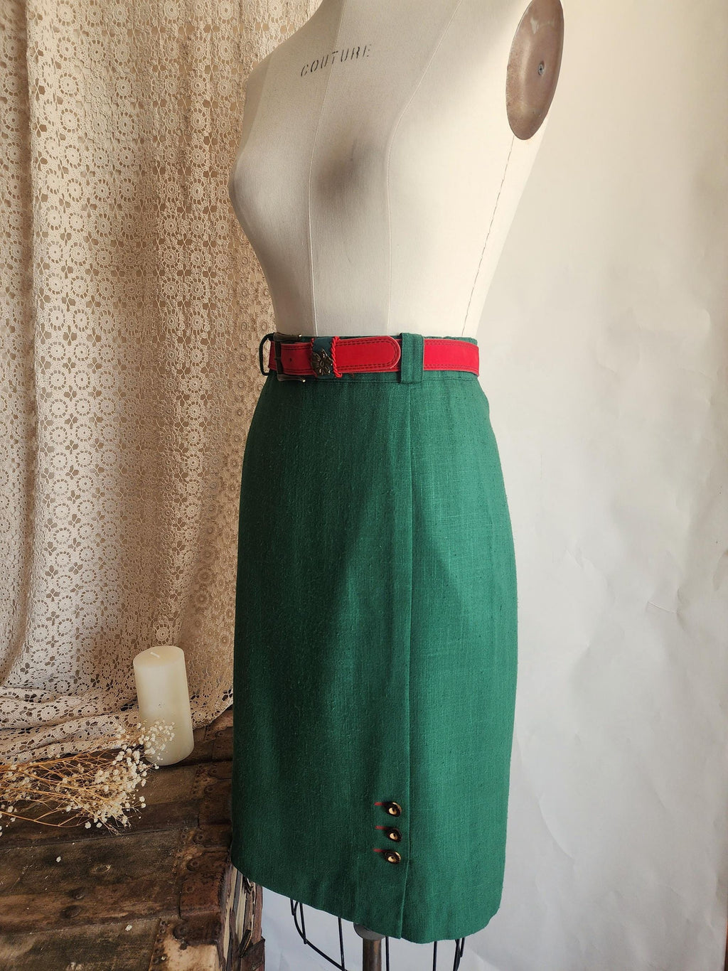 Vintage 1980s Trachten Style Green Linen Pencil Skirt with Red Belt
