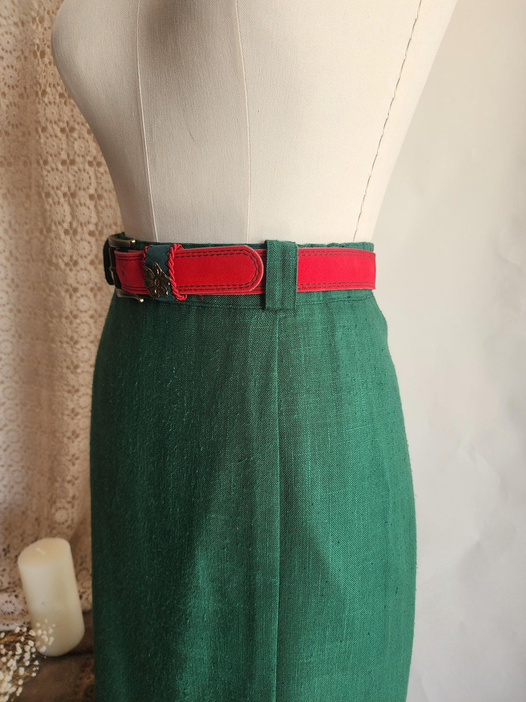 Vintage 1980s Trachten Style Green Linen Pencil Skirt with Red Belt