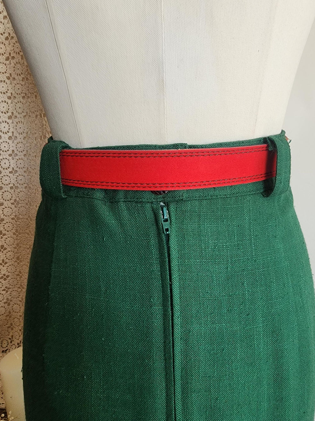 Vintage 1980s Trachten Style Green Linen Pencil Skirt with Red Belt
