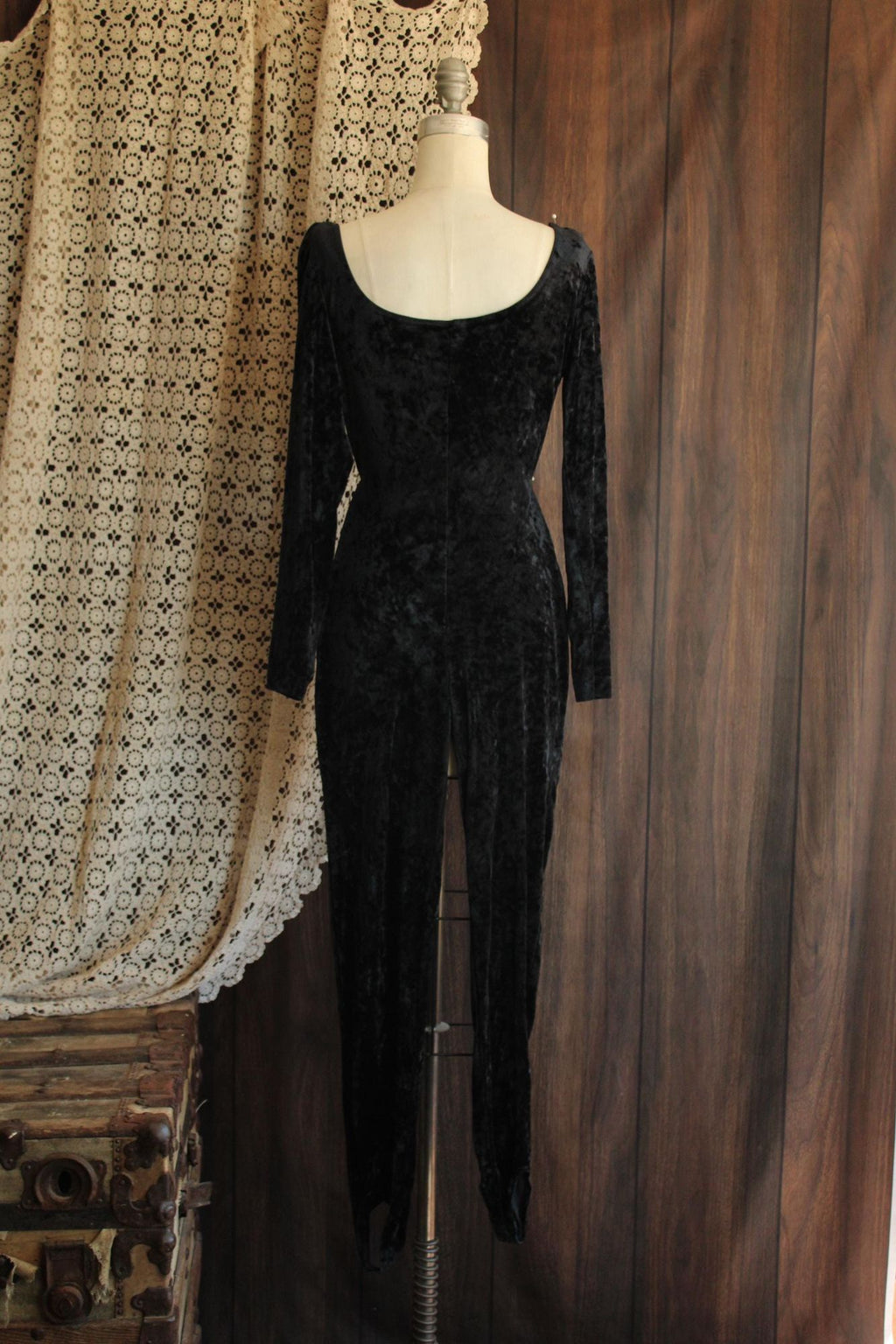 Vintage 1980s 1990s Catsuit, JM By Shelli Segal Black Crushed Velvet Jumpsuit, Stirrup Feet, Size Large,