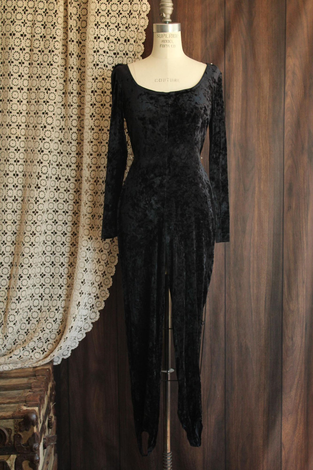 Vintage 1980s 1990s Catsuit, JM By Shelli Segal Black Crushed Velvet Jumpsuit, Stirrup Feet, Size Large,