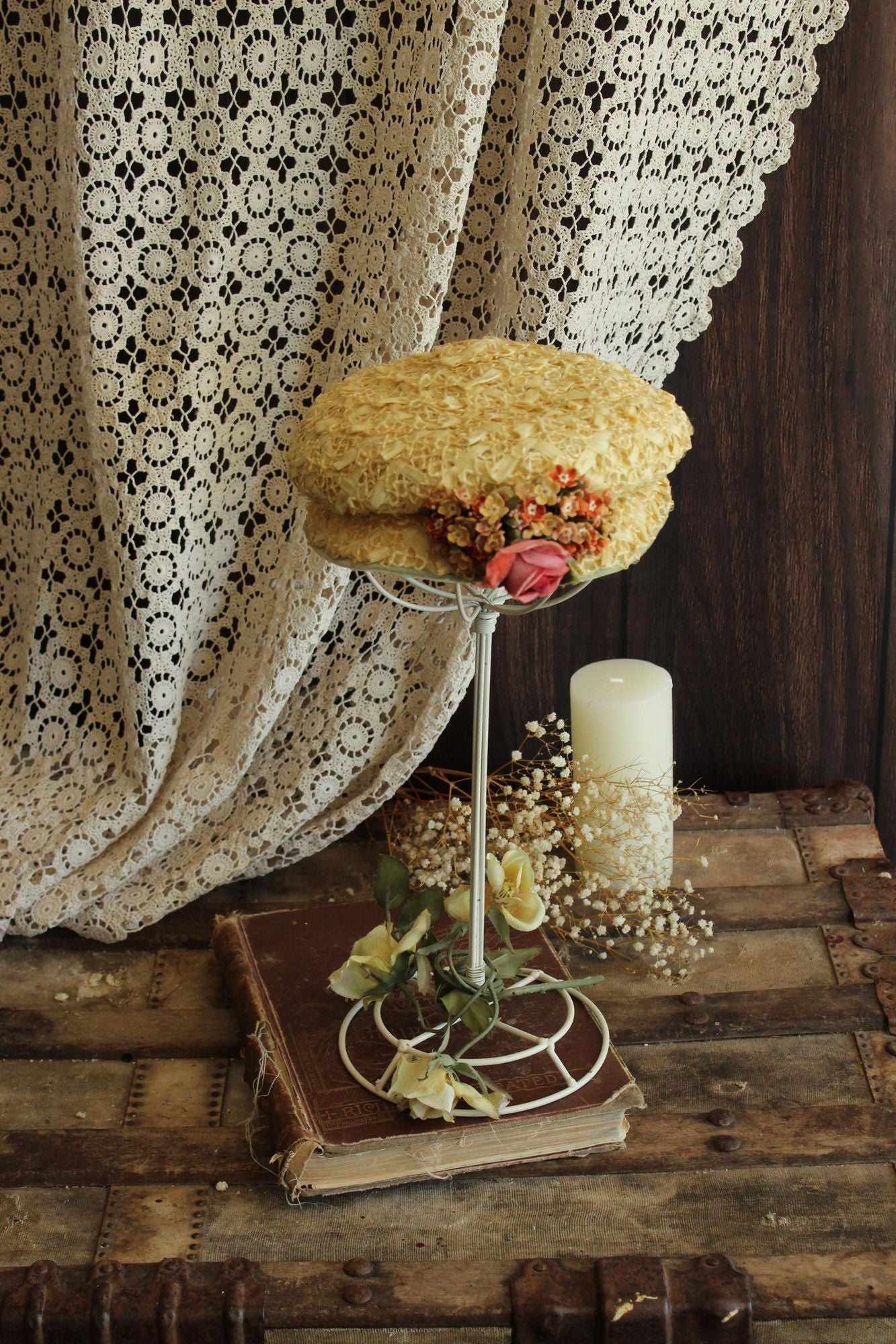 Vintage 1950s Gorman Donnell Straw Hat with Velvet Ribbon Bow and Flowers