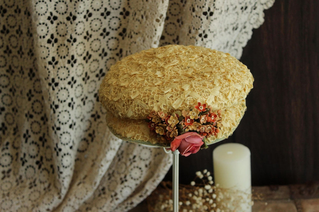 Vintage 1950s Gorman Donnell Straw Hat with Velvet Ribbon Bow and Flowers