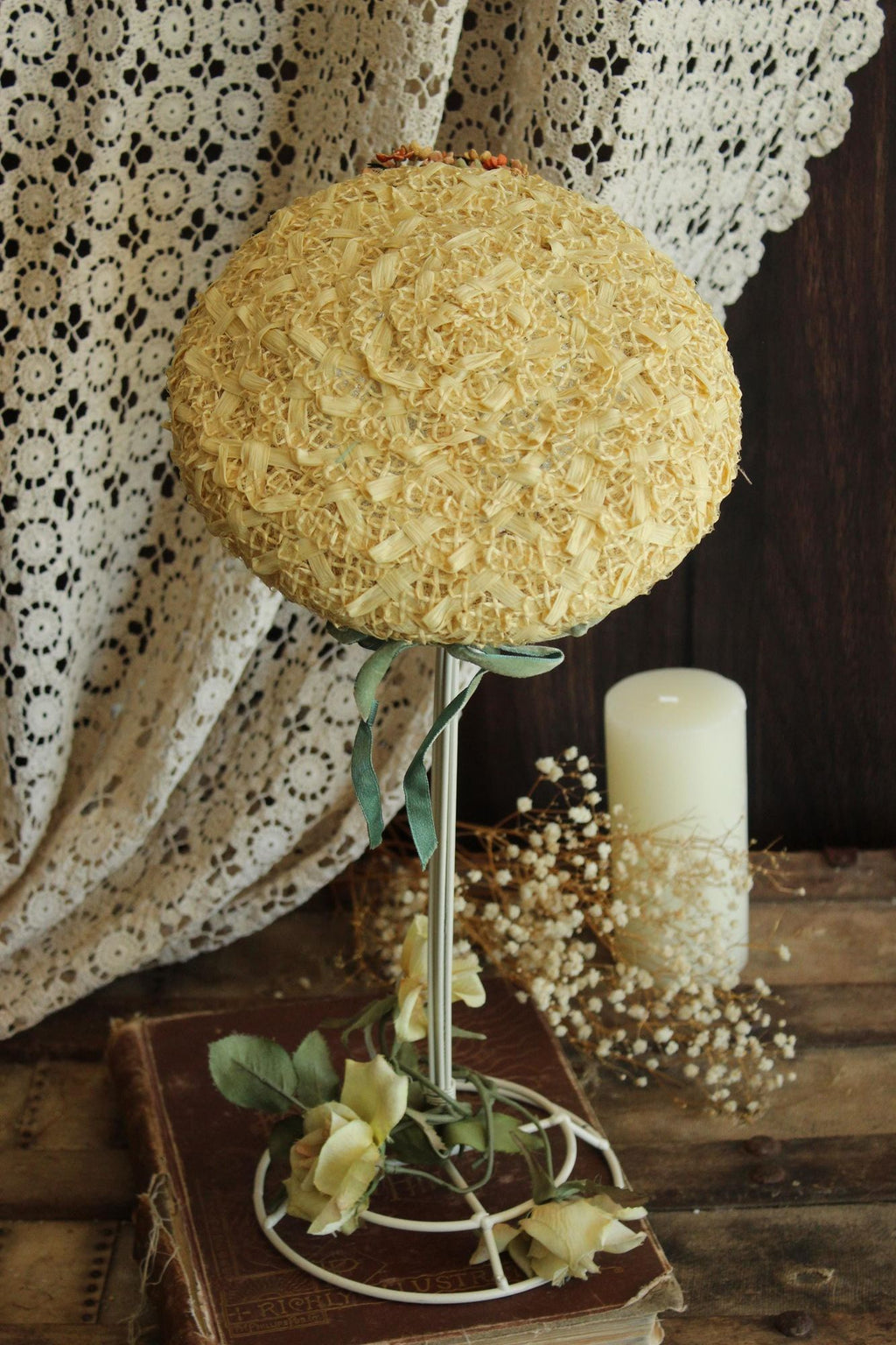 Vintage 1950s Gorman Donnell Straw Hat with Velvet Ribbon Bow and Flowers