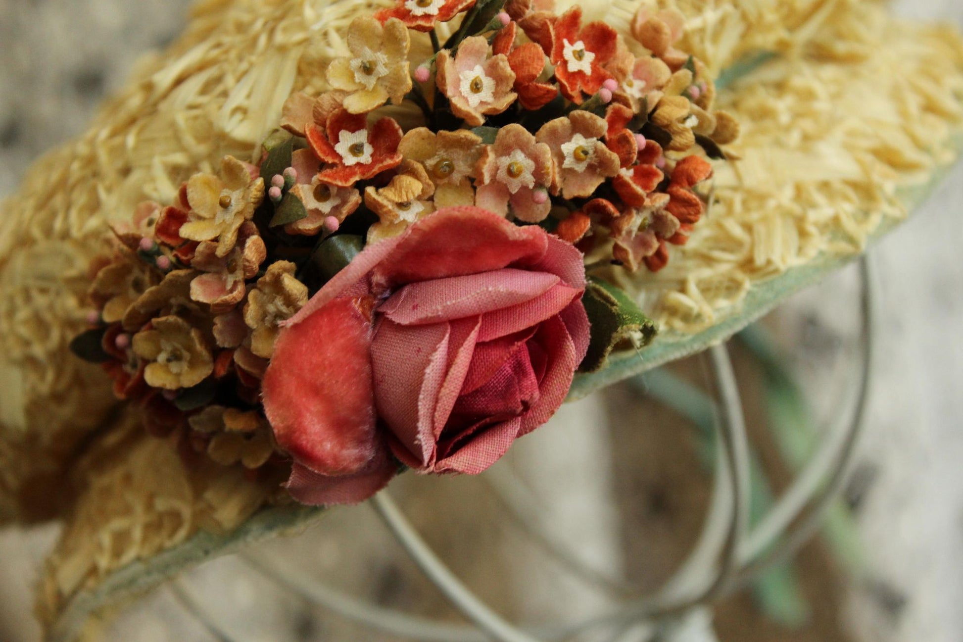 Vintage 1950s Gorman Donnell Straw Hat with Velvet Ribbon Bow and Flowers