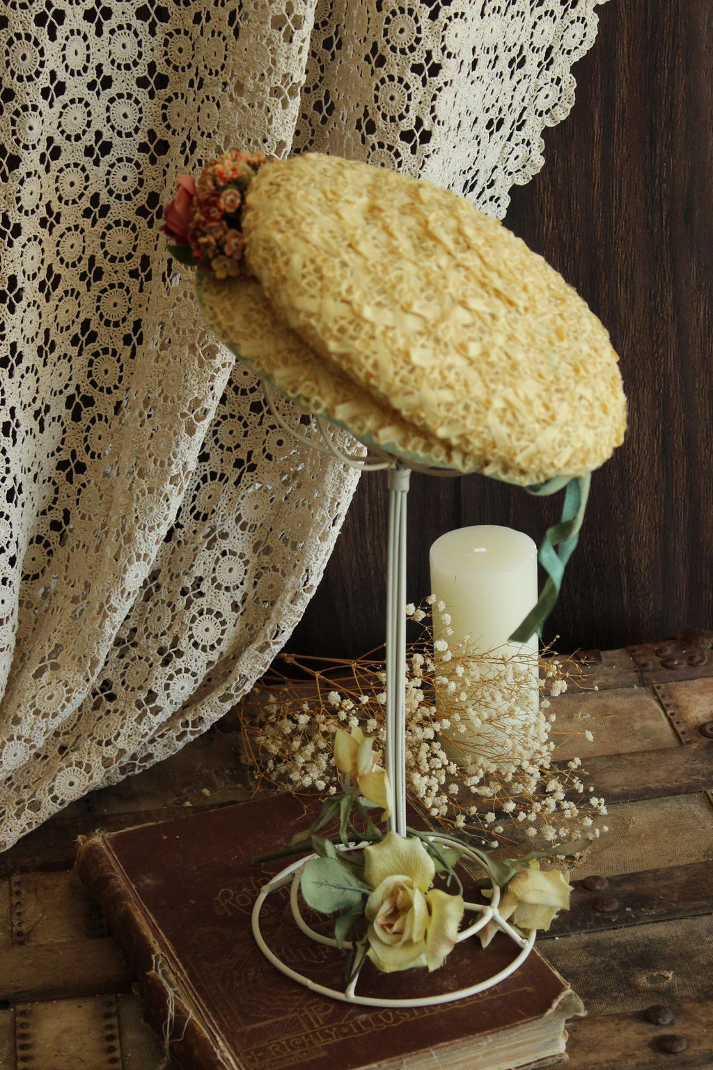 Vintage 1950s Gorman Donnell Straw Hat with Velvet Ribbon Bow and Flowers