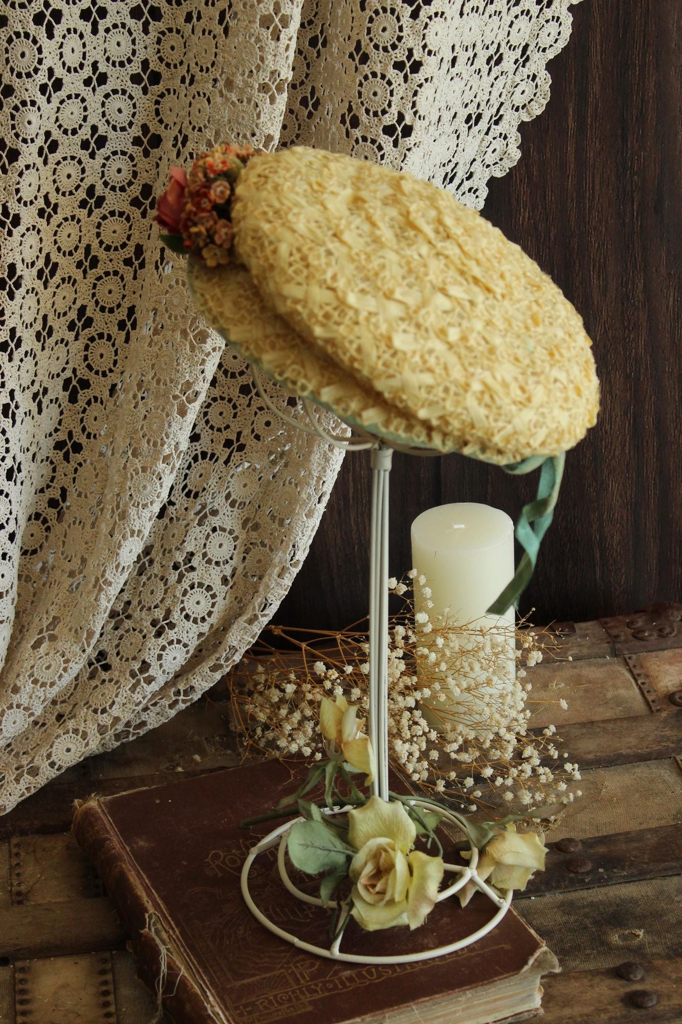 Vintage 1950s Gorman Donnell Straw Hat with Velvet Ribbon Bow and Flowers