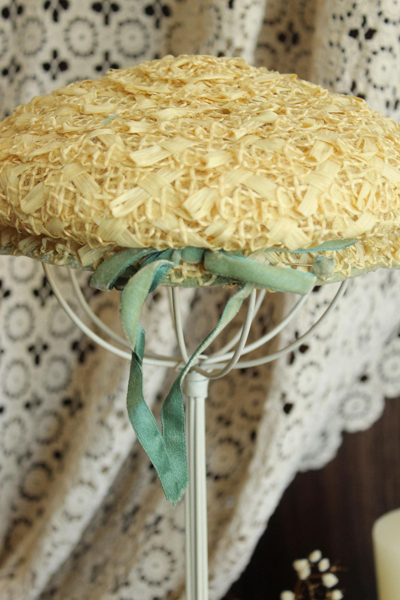 Vintage 1950s Gorman Donnell Straw Hat with Velvet Ribbon Bow and Flowers