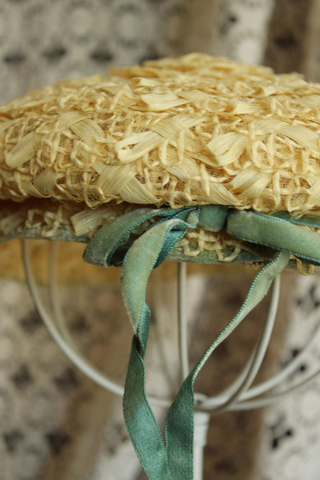 Vintage 1950s Gorman Donnell Straw Hat with Velvet Ribbon Bow and Flowers