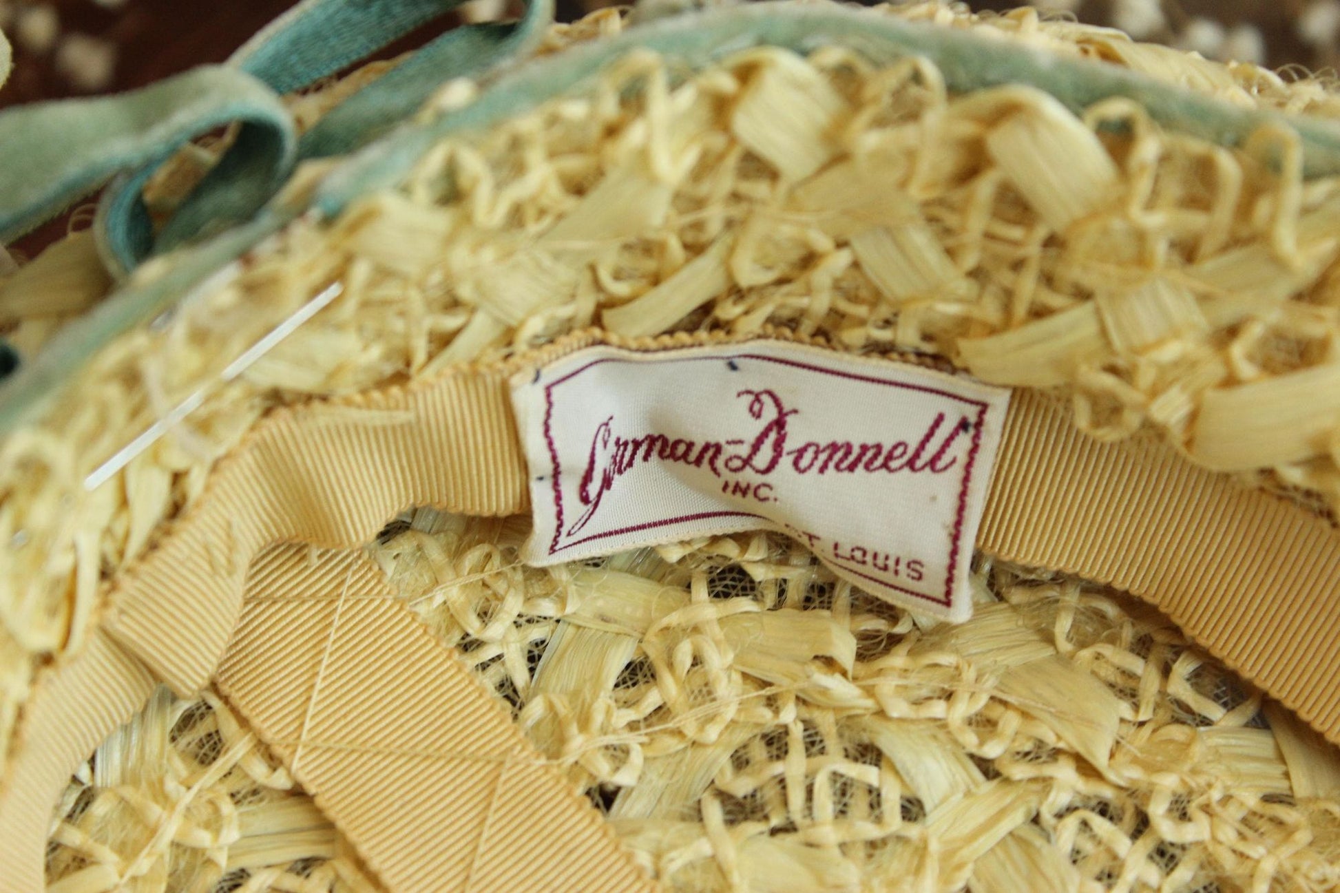 Vintage 1950s Gorman Donnell Straw Hat with Velvet Ribbon Bow and Flowers