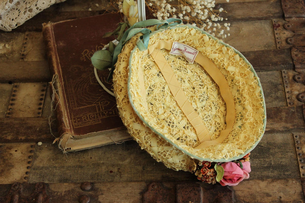 Vintage 1950s Gorman Donnell Straw Hat with Velvet Ribbon Bow and Flowers