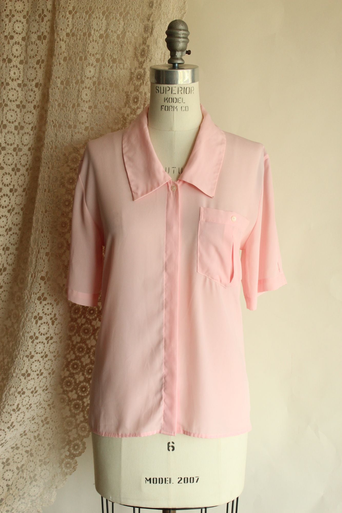 Vintage 1980s Blouse, Pink Dagger Collar with Pocket, Size 8
