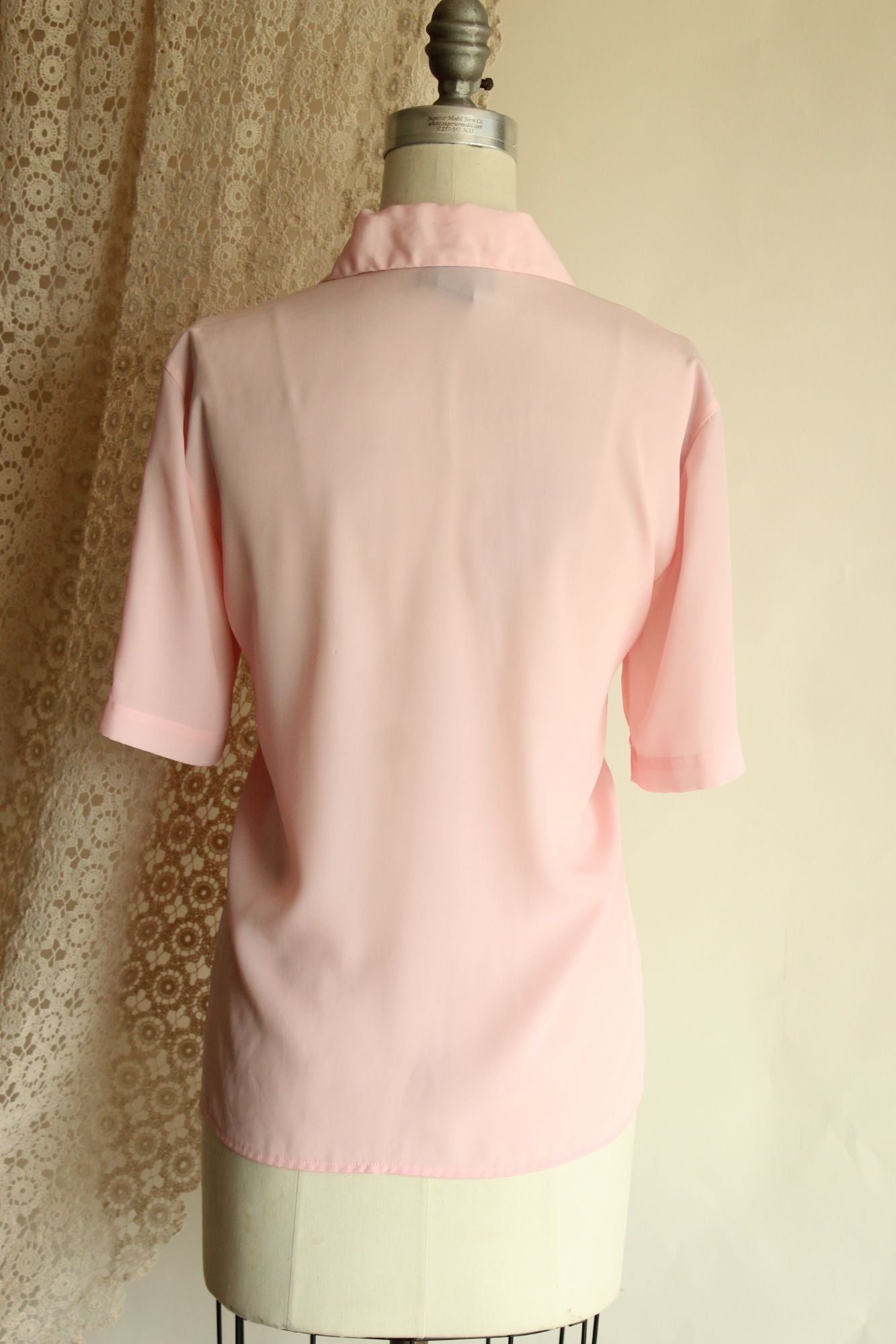 Vintage 1980s Blouse, Pink Dagger Collar with Pocket, Size 8