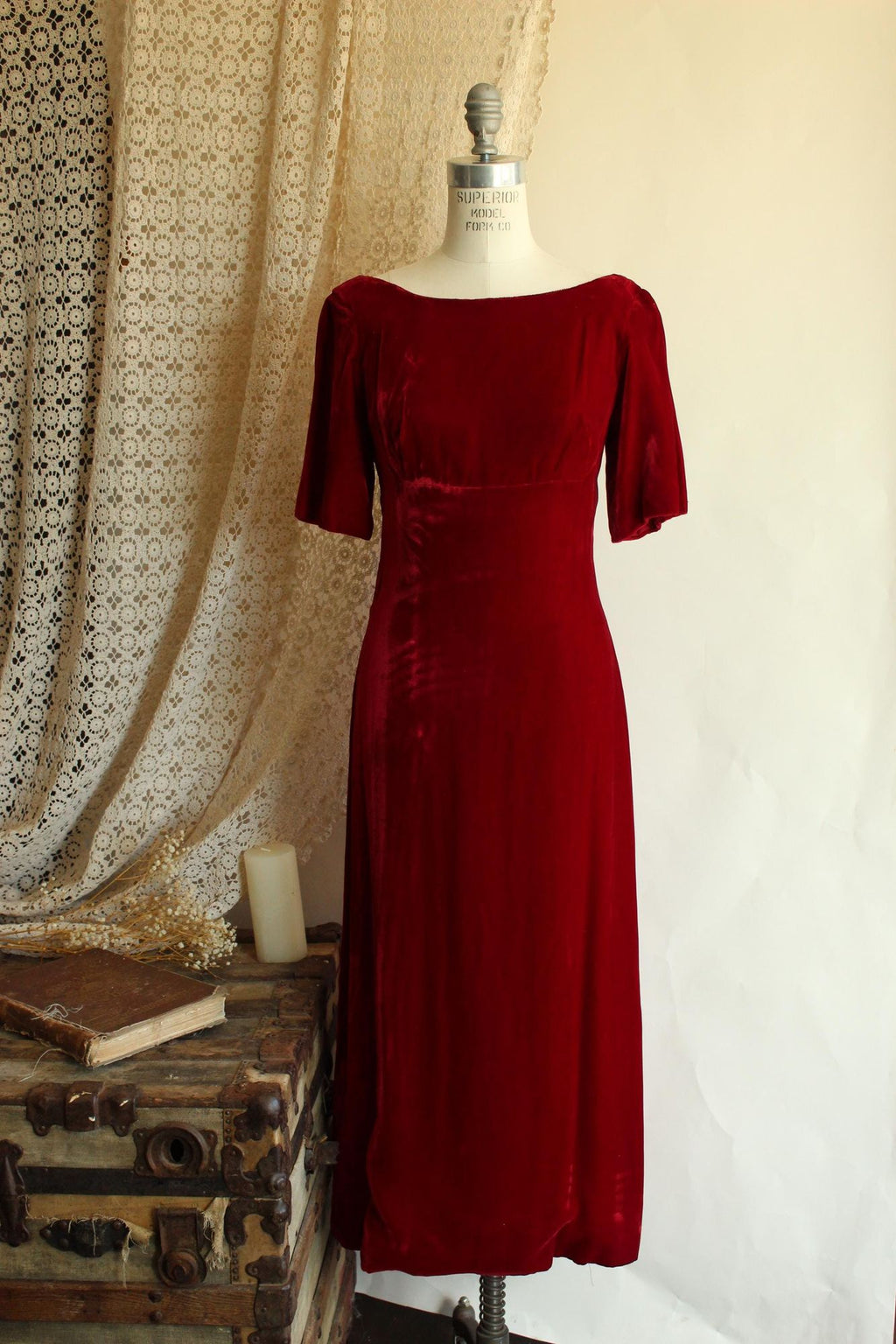 Vintage 1960s Red Velvet Gown with Watteau Style Satin Panel Back