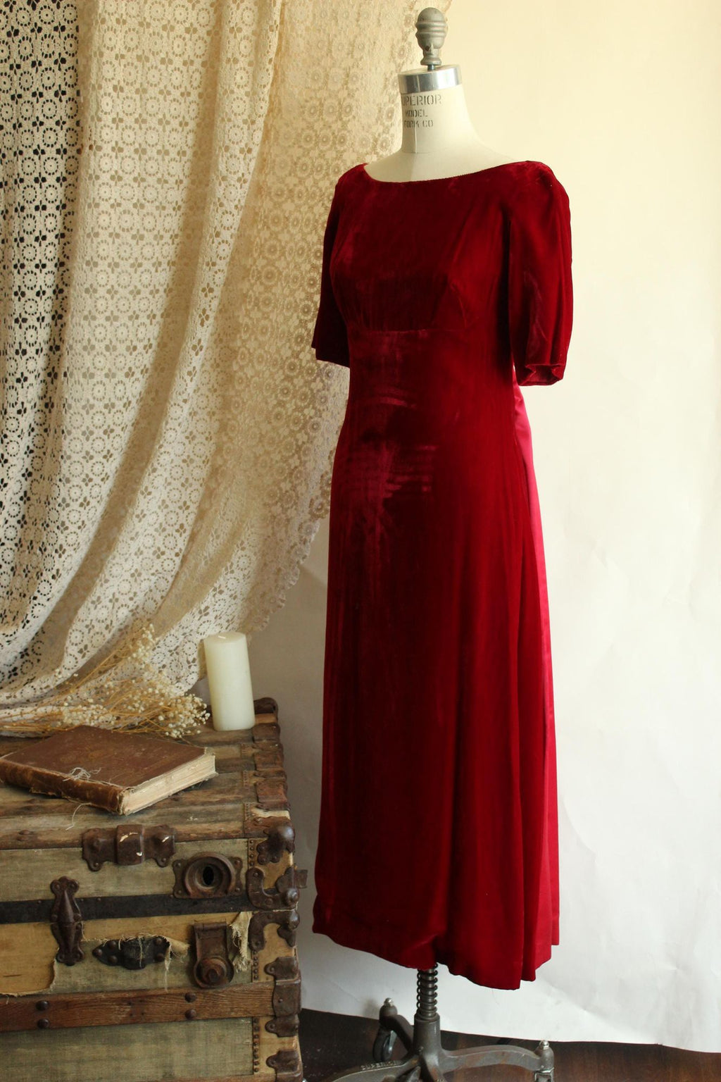 Vintage 1960s Red Velvet Gown with Watteau Style Satin Panel Back