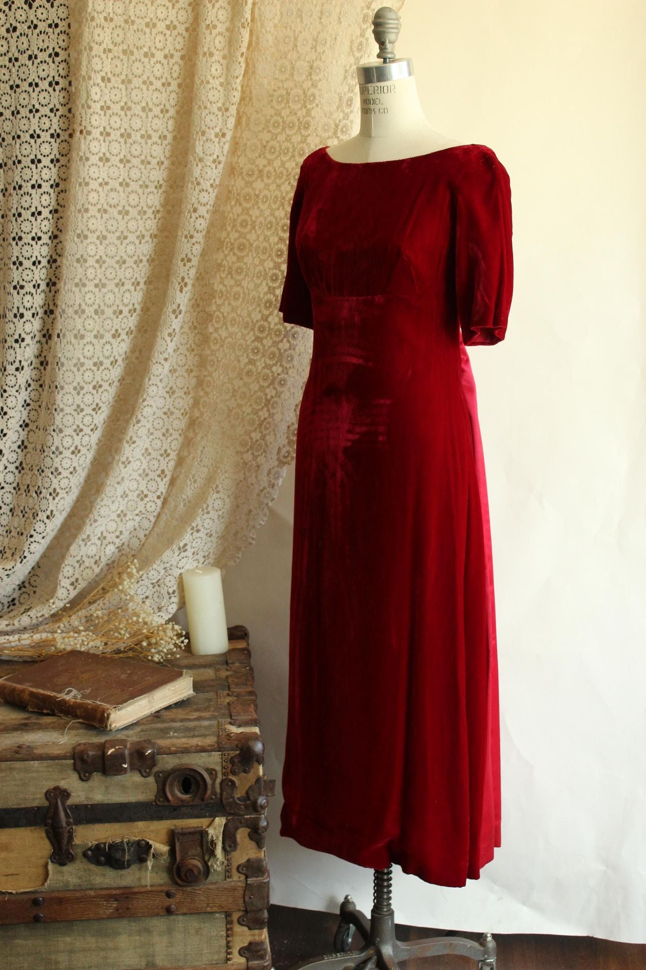 Vintage 1960s Red Velvet Gown with Watteau Style Satin Panel Back