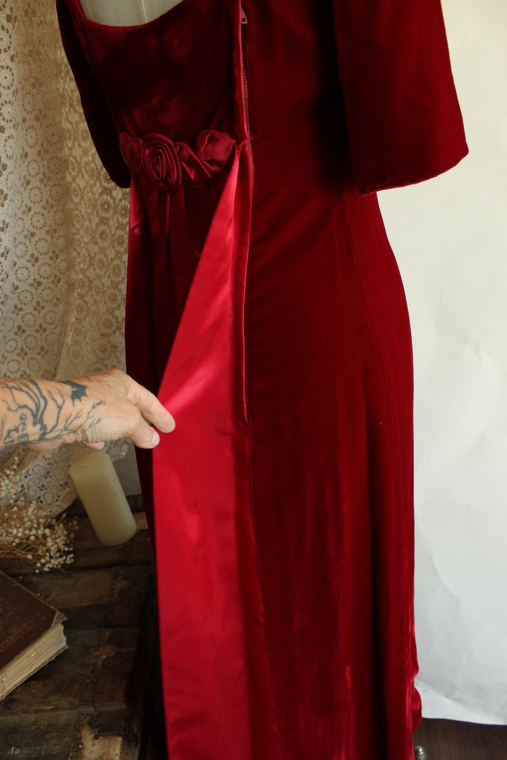 Vintage 1960s Red Velvet Gown with Watteau Style Satin Panel Back