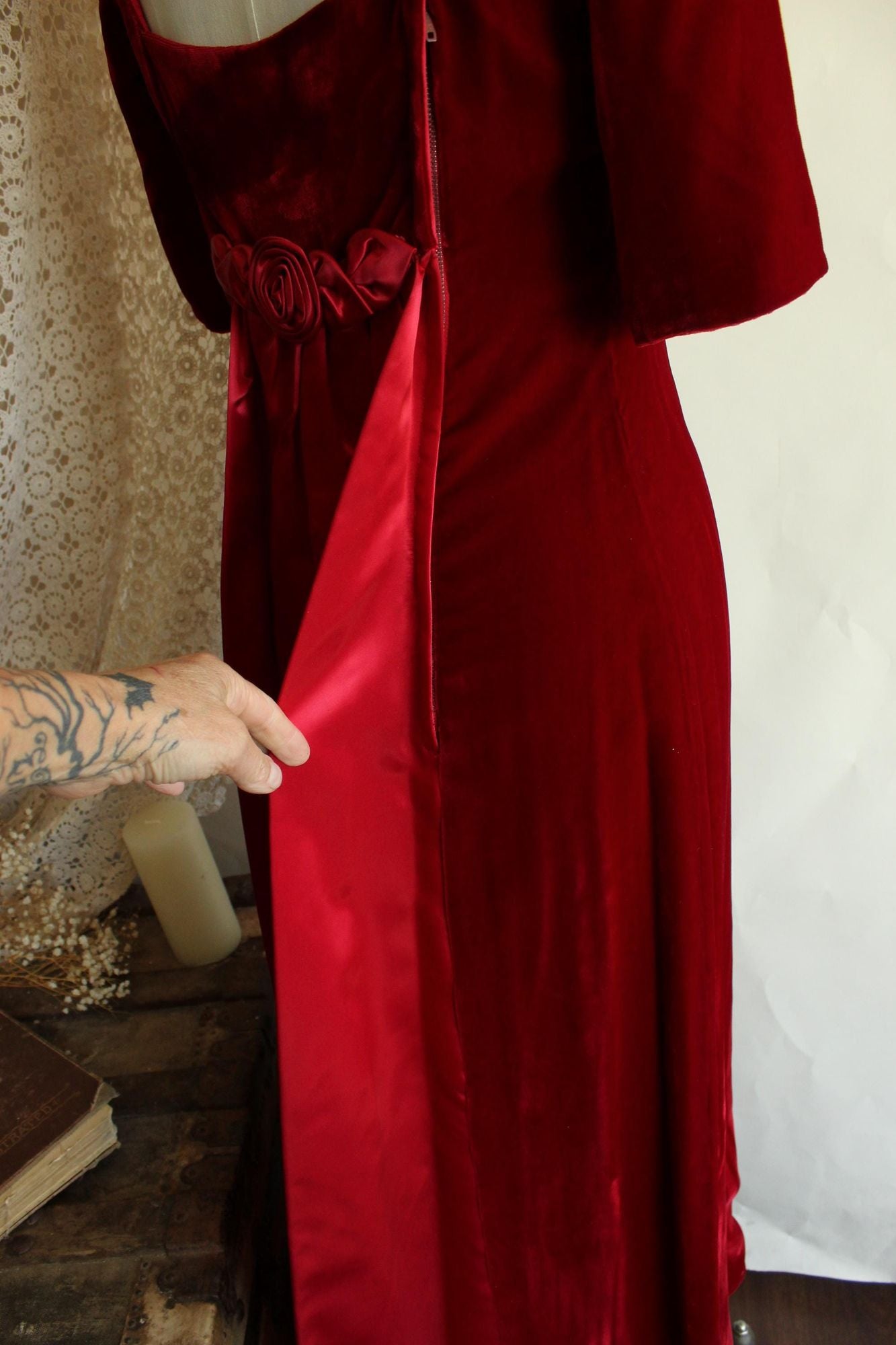 Vintage 1960s Red Velvet Gown with Watteau Style Satin Panel Back