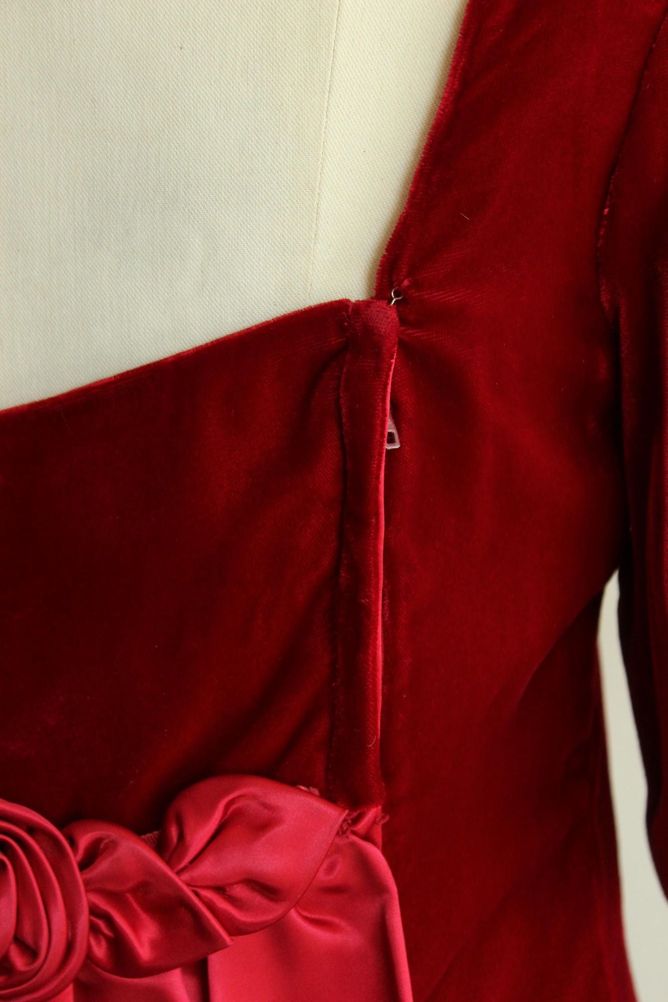 Vintage 1960s Red Velvet Gown with Watteau Style Satin Panel Back