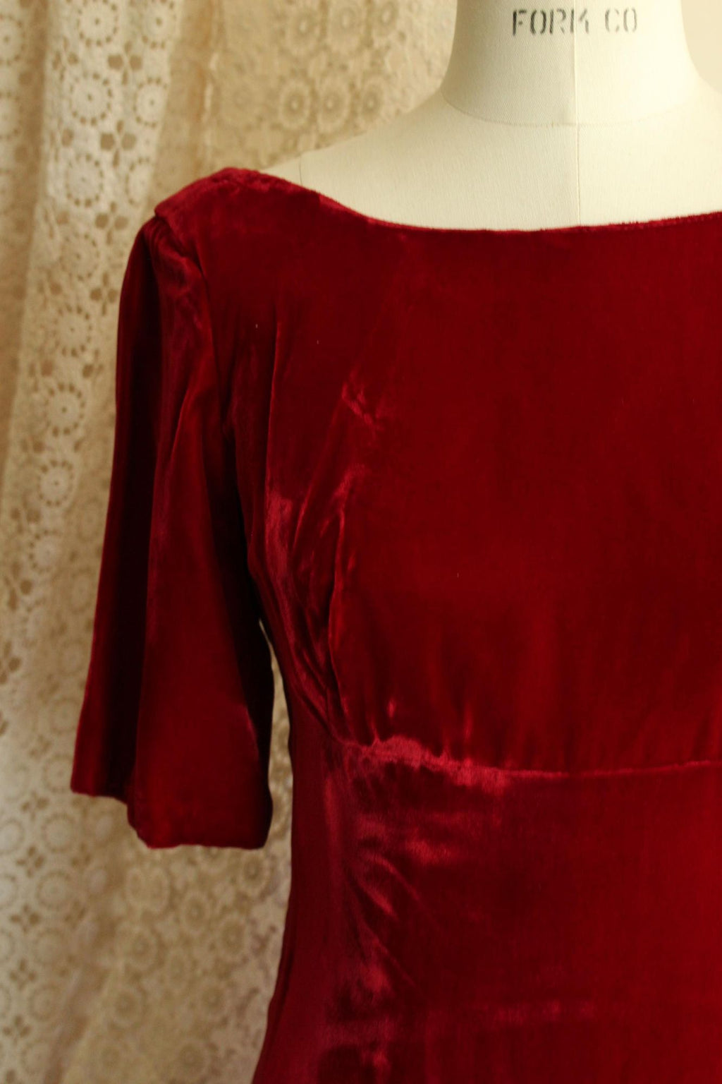 Vintage 1960s Red Velvet Gown with Watteau Style Satin Panel Back