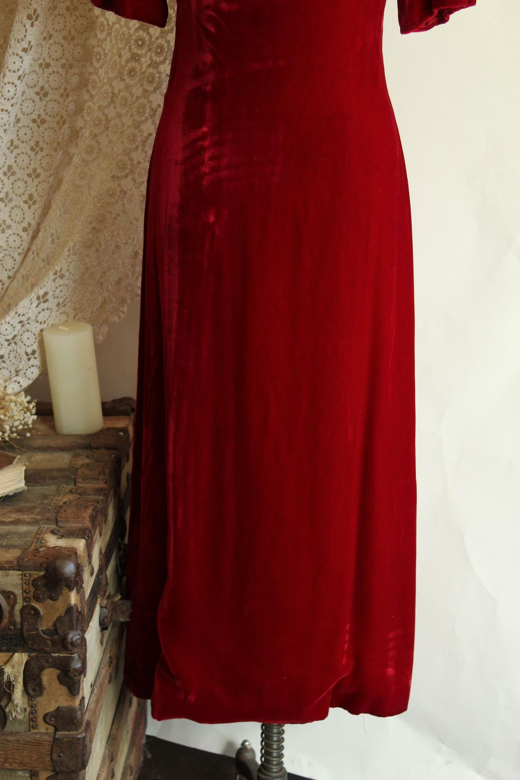 Vintage 1960s Red Velvet Gown with Watteau Style Satin Panel Back