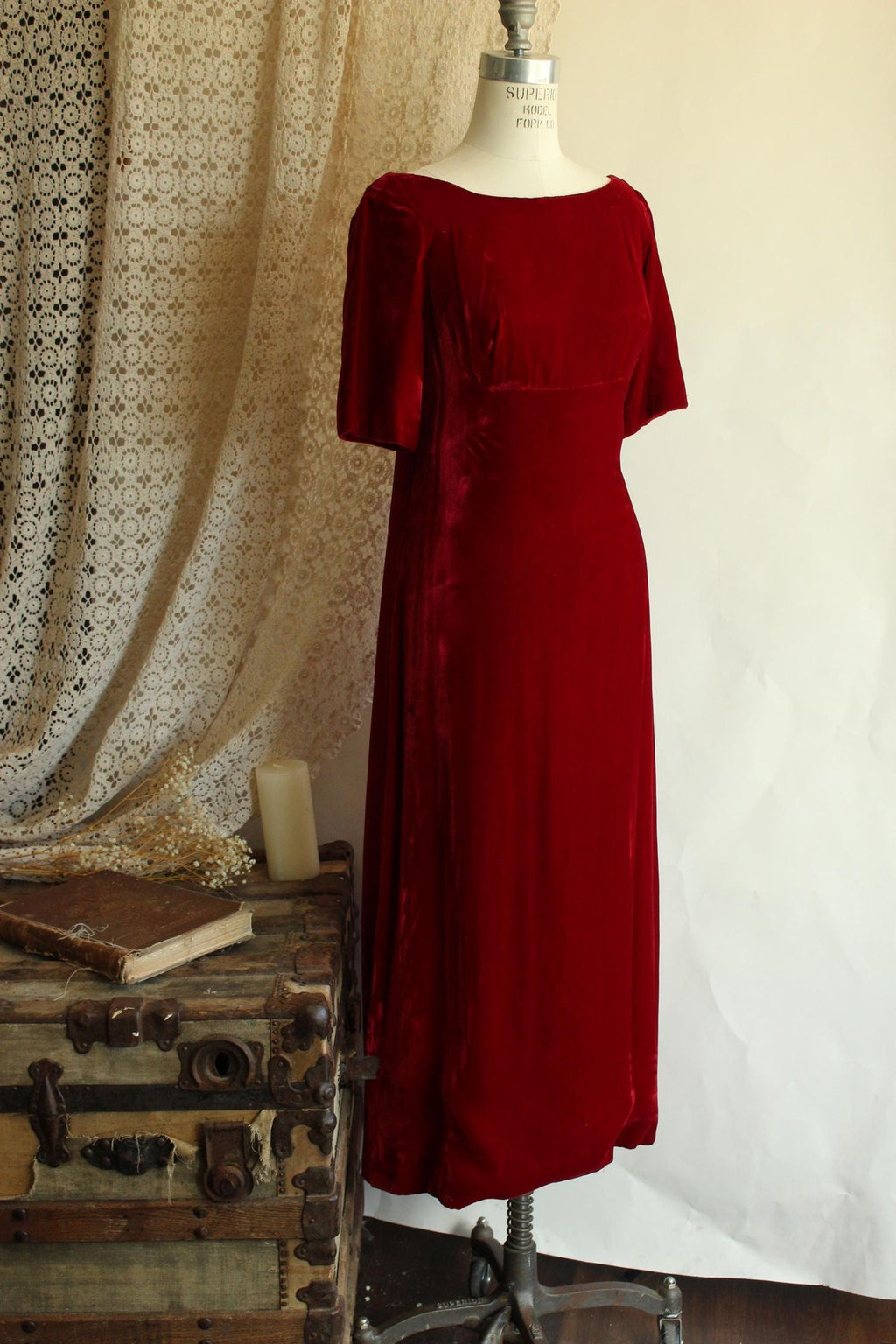 Vintage 1960s Red Velvet Gown with Watteau Style Satin Panel Back
