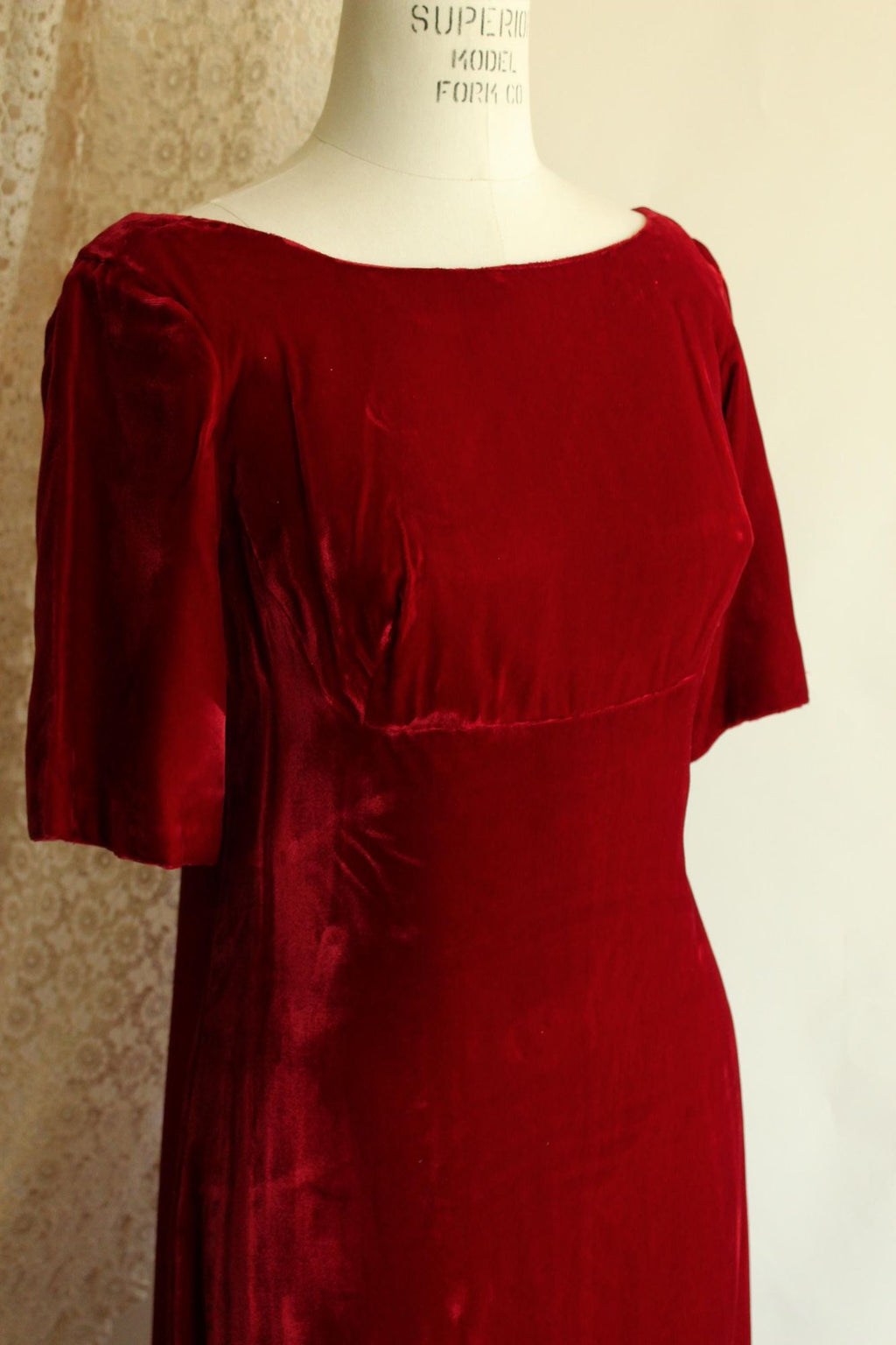 Vintage 1960s Red Velvet Gown with Watteau Style Satin Panel Back
