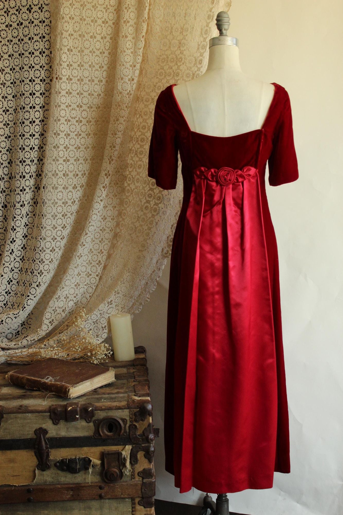 Vintage 1960s Red Velvet Gown with Watteau Style Satin Panel Back