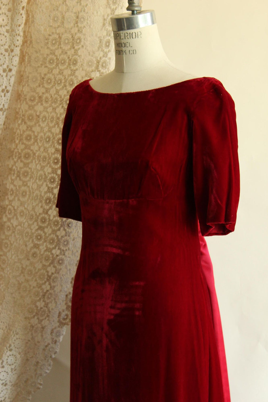 Vintage 1960s Red Velvet Gown with Watteau Style Satin Panel Back